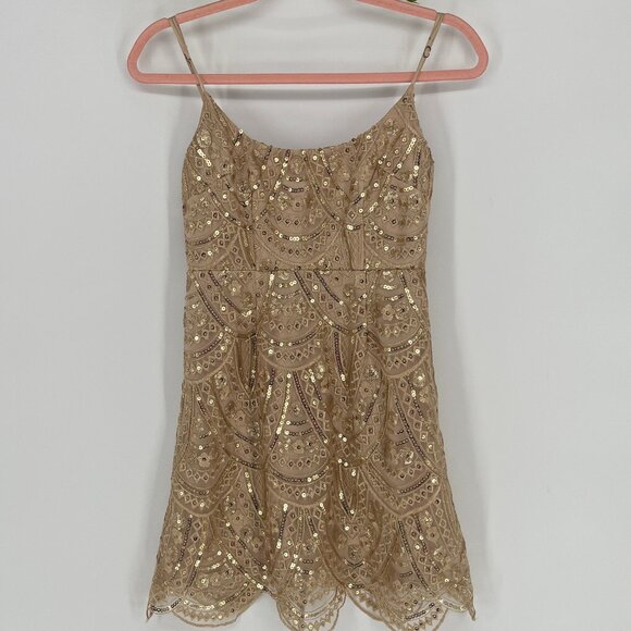 Here Comes The Sun Gold Sequin Mini Dress Boho Babydoll Fairycore Party Glam USA - Picture 3 of 16